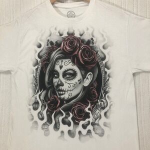 Day of the Dead T-Shirt Sugar Skull Roses Graphic Print DOM Men's Size Large‎